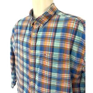 Tommy Hilfiger Shirt Men's XXL 2XL Blue Orang Plaid Button Up Long Sleeve Cotton